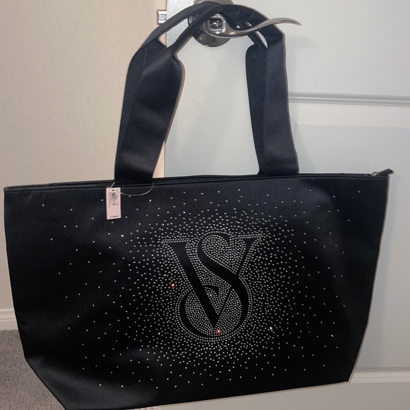 VICTORIA SECRET Black Crystal Rhinestone Large Zip Tote - Picture 1 of 8